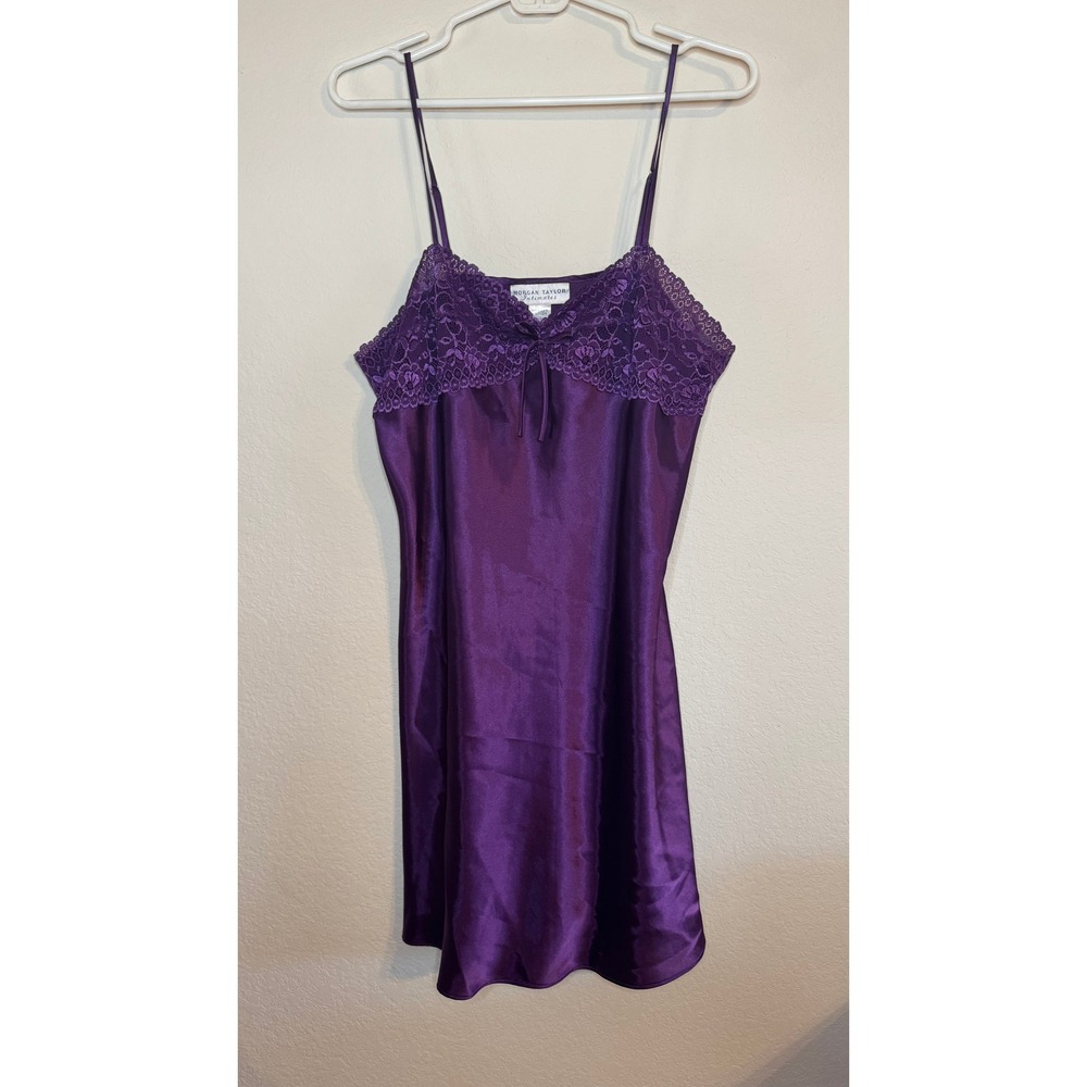 Morgan Taylor Intimates Purple Satin Lace Trim Chemise Nightgown Large